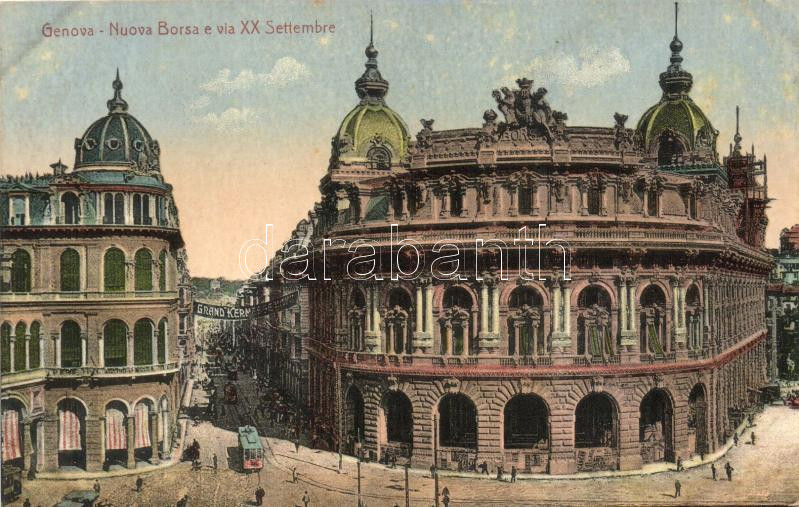 Genova, Nouva Borsa e via XX. Settembre / the New Stock Exchange and the September 20th street, tram