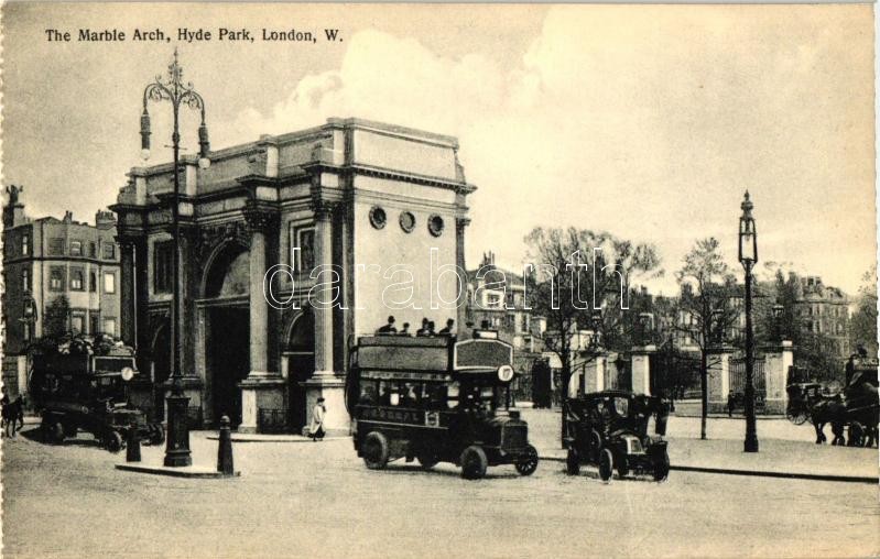 London, Hyde Park, The Marble Arch, double-decker autobus, automobile, from postcard booklet