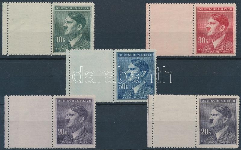 Böhmen und Mähren Hitler 4 klf ívszéli érték vízszintes baloldali üresmezővel + 20K színváltozata (foghibák), Böhmen und Mähren Hitler