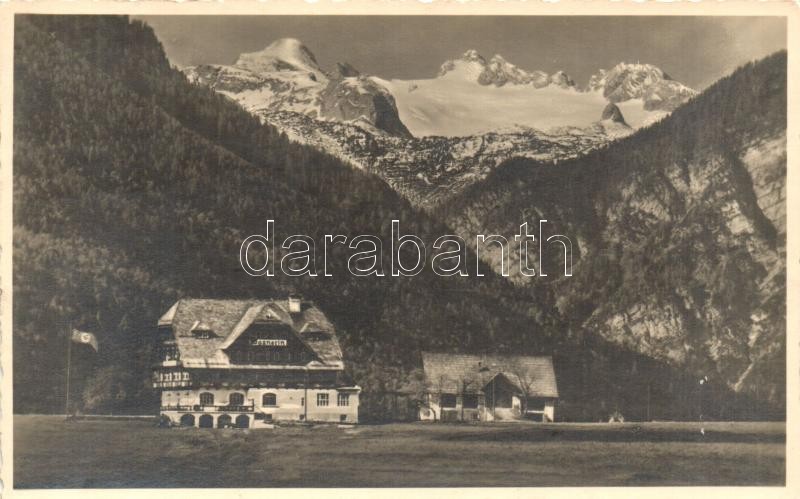 Bad Ausse, Alpenhotel zur 'Wasnerin' mit Dachstein in Salzkammergut / Alpine Hotel Wasnerin with mountain range in background