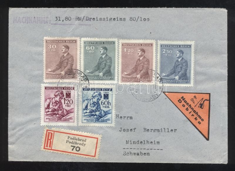 Böhmen und Mähren Ajánlott utánvételes levél 6 bélyeges bérmentesítéssel, Böhmen und Mähren Registered C.O.D. cover franked with 6 stamps