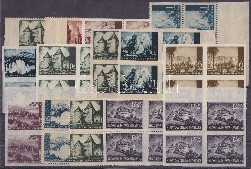 1941-1944 Vágott bélyegek és különlegességek 14 db klf négyestömb, 1941-1944 Imperforate stamps and errors, 14 different blocks of 4