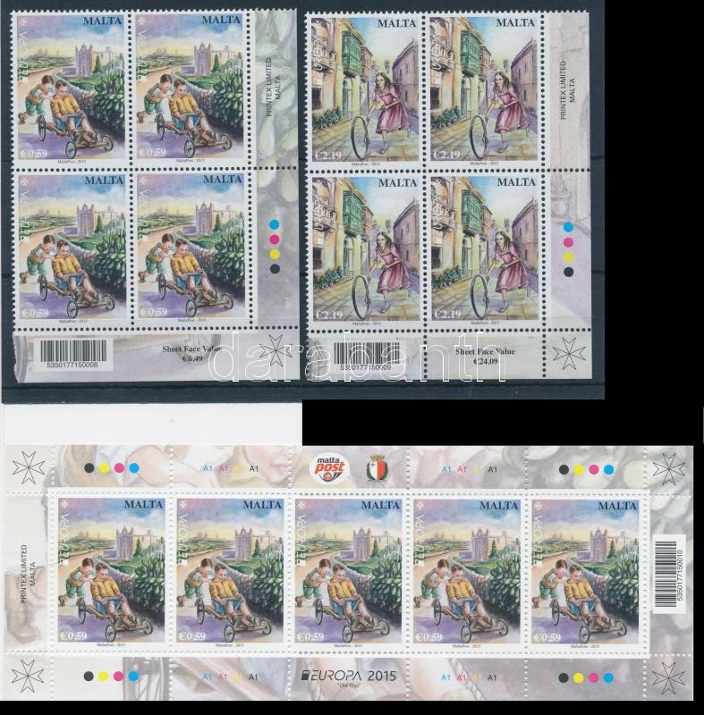 Europa CEPT, Historical Games set corner blocks of 4 + stamp-booklet, Europa CEPT, Történelmi játékok sor ívsarki 4-es tömbökben + bélyegfüzet