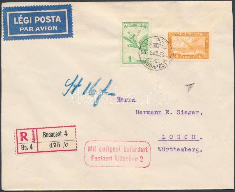 Ajánlott légi levél Németországba, Registered airmail cover to Germany