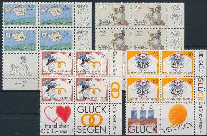 Greetings stamp set corner blocks of 4, Üdvözlőbélyeg sor ívszéli szelvényes 4-es tömbökben