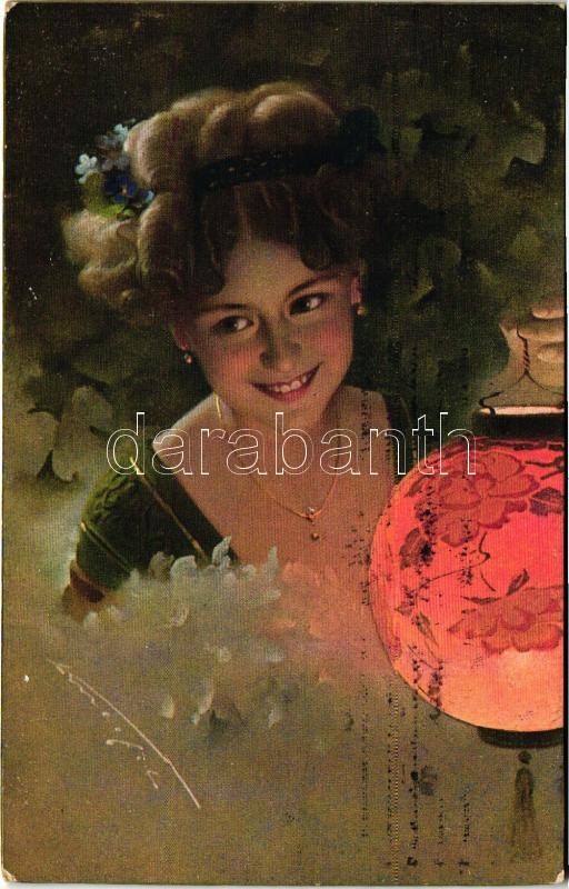 Lady with lantern, Inter-Art Co., 'Fireflies' No. 286., artist signed, Hölgy lámpással művész aláírásával, Inter-Art Co., 'Fireflies' No. 286.