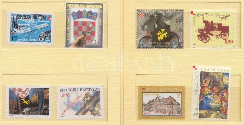 Croatia 1991-1998 8 stamps + 2 &quot;ETB&quot; + 1 FDC + 1 CM, Horvátország kis tétel 1991-1998 8 klf bélyeg + 2 klf &quot;ETB&quot; + 1 FDC + 1 CM