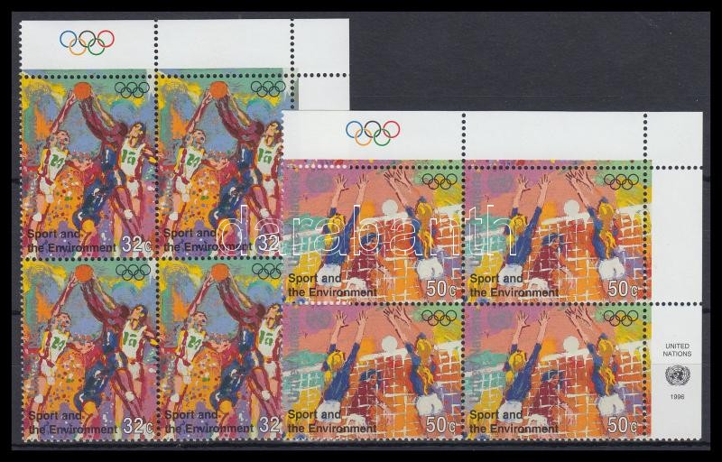 100 évesek az újkori olimpiai játékok sor ívsarki négyestömbökben Mi 716-717, Modern Olympic Games set in corner block of 4