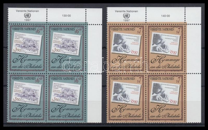 A bélyeggyűjtés tiszteletére sor ívsarki négyestömbökben, Stamp collecting set in corner blocks of 4