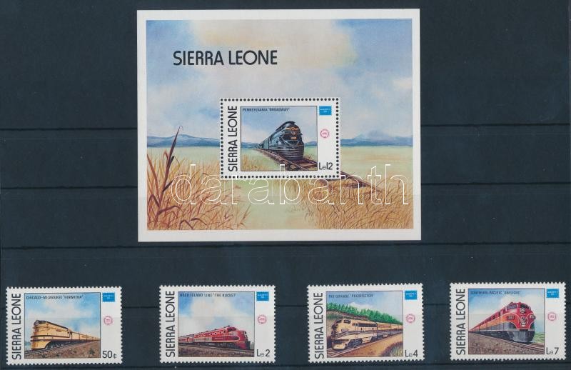 AMERIPEX 86 stamp exhibition Chicago, locomotives set + block, AMERIPEX 86 bélyegkiállítás Chicago, mozdonyok sor + blokk