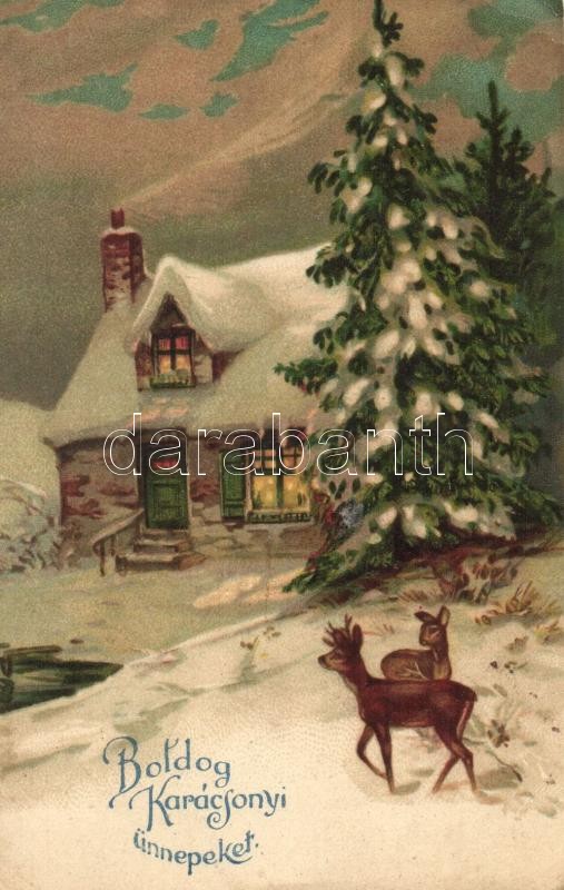 Christmas greeting card, litho (cut), 'Boldog Karácsonyi Ünnepeket', litho (vágott)