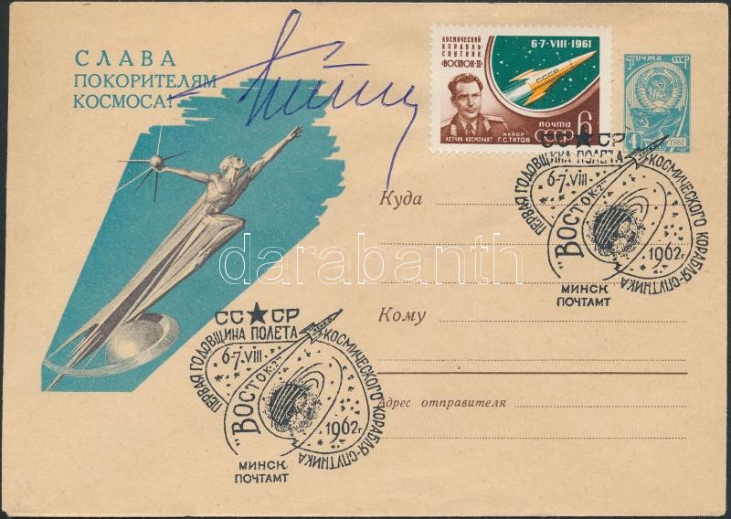 Signature of German Titov (1935-2000) Russian astronaut on envelope, German Tyitov (1935-2000) orosz űrhajós aláírása emlékborítékon