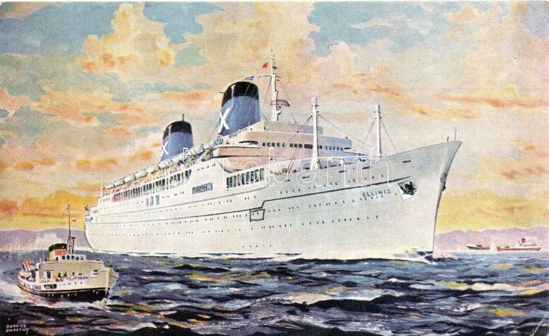 R.H.M.S. Ellinis, Chandris Lines ship, art postcard, s: Derrick Snoothy, R.H.M.S. Ellinis, Chandris Lines hajó, művészeti képeslap, s: Derrick Snoothy