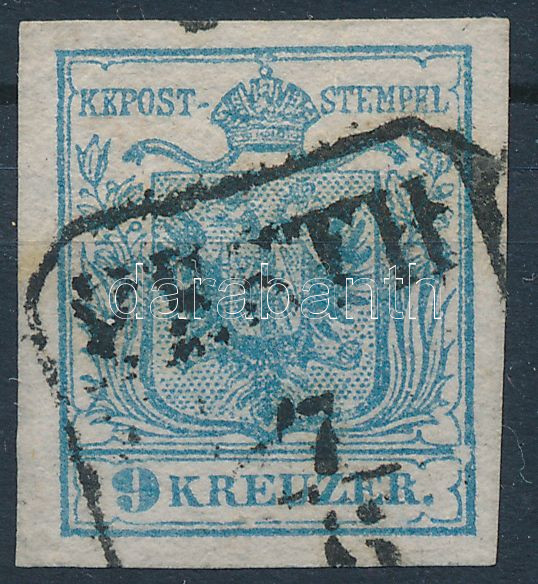 9kr HP. type I. plate flaw, 9kr HP. type I. !; Lemezhiba a jobb alsó részen &quot;PESTH&quot;