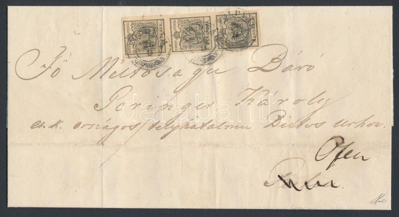 185. 2kr HP type I2kr HP type I. black stripe of 3 on domestic cover, light fold between 2 stamps, plate flaw,  rare piece. 