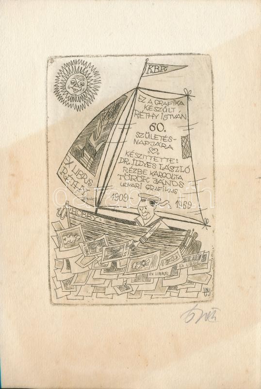 Nemes Török János (?-1980): Réthy István 60. Rézkarc, papír, jelzett, 10×6,5 cm