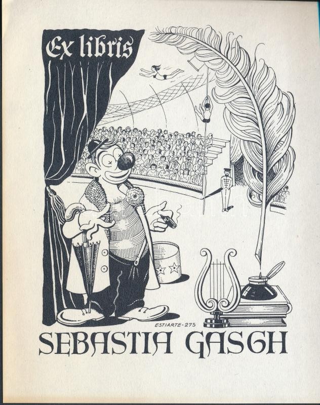 Juan Estiarte (1901-1986): Ex libris Sebatia Gasch. Klisé, papír, jelzett a klisén, 10×7,5 cm
