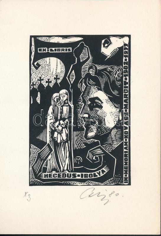 Csiby Mihály (1922-2016): Ex libris Hegedűs Ibolya. Linó, papír, jelzett, 9,5×6 cm