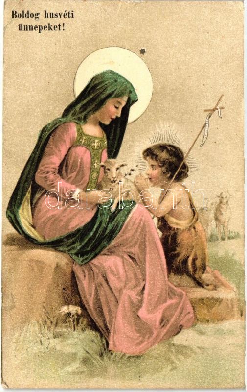 Húsvéti üdvözlőlap Kis Jézussal és Szűz Máriával, litho, Easter, Virgin Mary with Jesus, lamb, litho