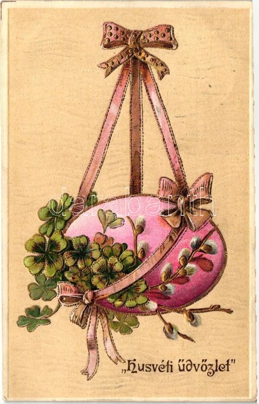 Aranyozott húsvéti üdvözlőlap Emb. litho (vágott), Easter, egg, clover, golden decorated Emb. litho (cut)