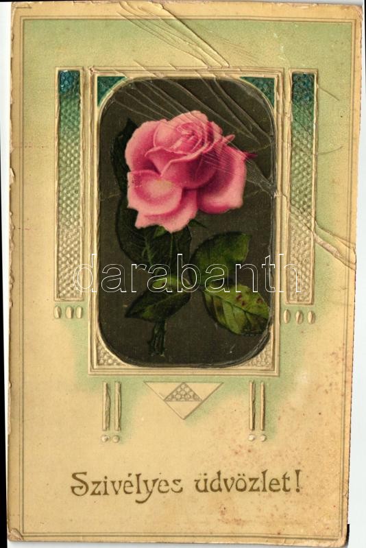 Greeting card, rose Emb. litho, 'Szívélyes üdvözlet!' Emb. litho