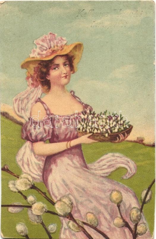 'Frühlingsboten' Easter greeting postcard, lady, Wenau Pastell No. 1297, 'Tavasz hírhozói', húsvéti üdvözlőlap Wenau Pastell No. 1297