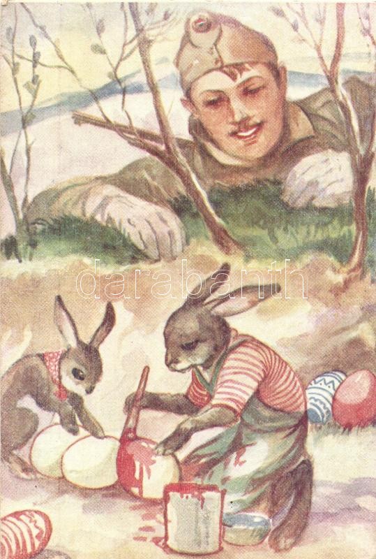 WWII military Easter, soldier, rabbits s: Márton L., Márton L.-féle Cserkészlevelezőlapok Kiadóhivatala