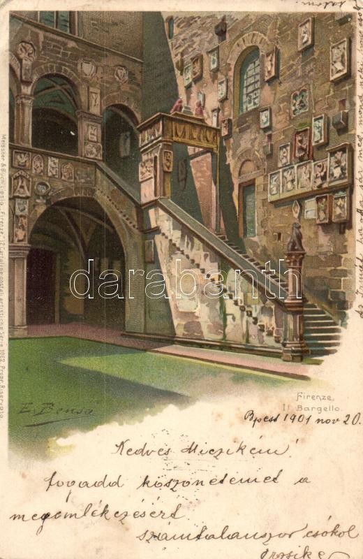 Firenze, Il Bargello, Meissner & Buch Firenze Serie No. 1062. / palace courtyard, litho s: Ernesto Bensa