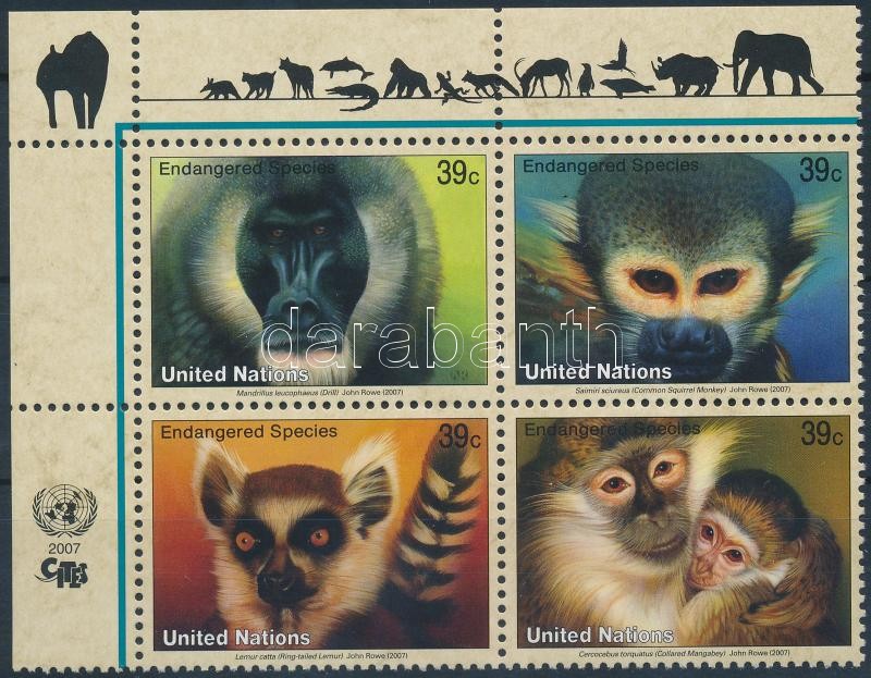 Veszélyeztetett főemlősök sor négyestömbben, Endangered Primates set block of 4