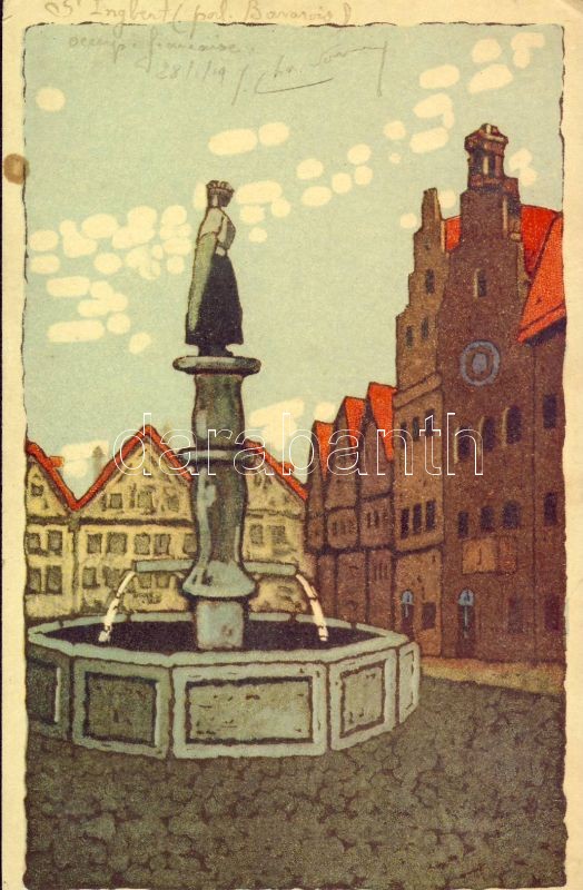 St. Ingbert, Sankt Ingbert, fountain, litho