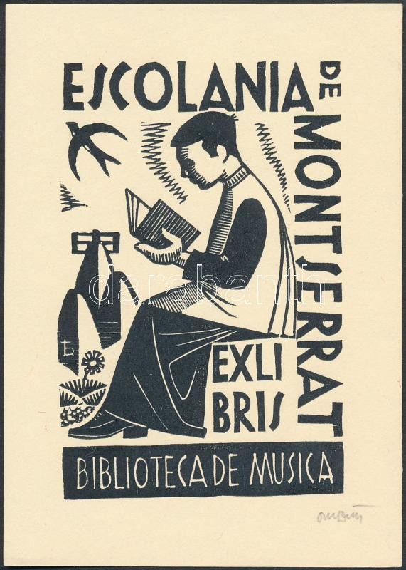 Oriol M.Divi jelzéssel: Ex libris Escolania de Montserrat, Biblioteca de musica, fametszet, papír, 11×8 cm