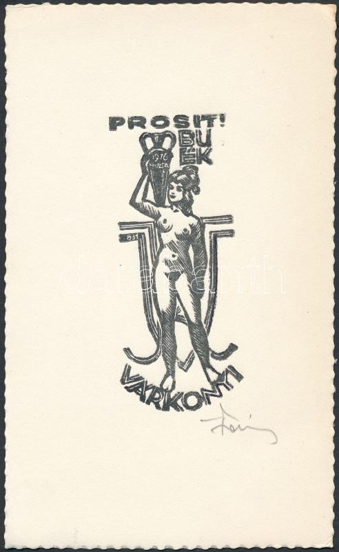 Várkonyi Károly (1910-2001): Erotikus ex libris, fametszet, papír, jelzett, 8×4 cm