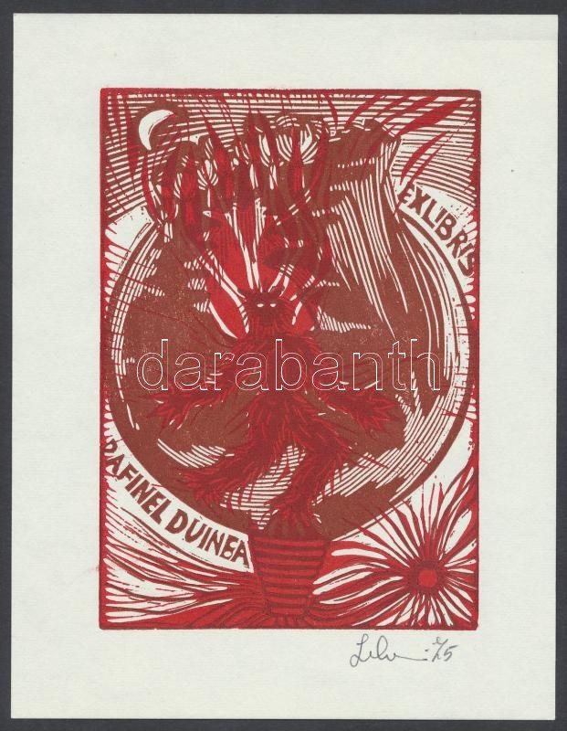 Leboroni, Maria Elisa (?- ): Ex libris Dafinel Duinea (1921-1998), fametszet, papír, jelzett, 13×10 cm