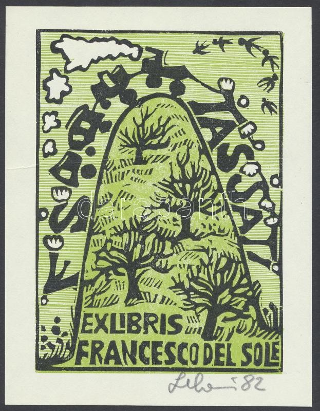 Leboroni, Maria Elisa (?- ): Ex libris Francesco del Sole, fametszet, papír, jelzett, 10,5×8 cm