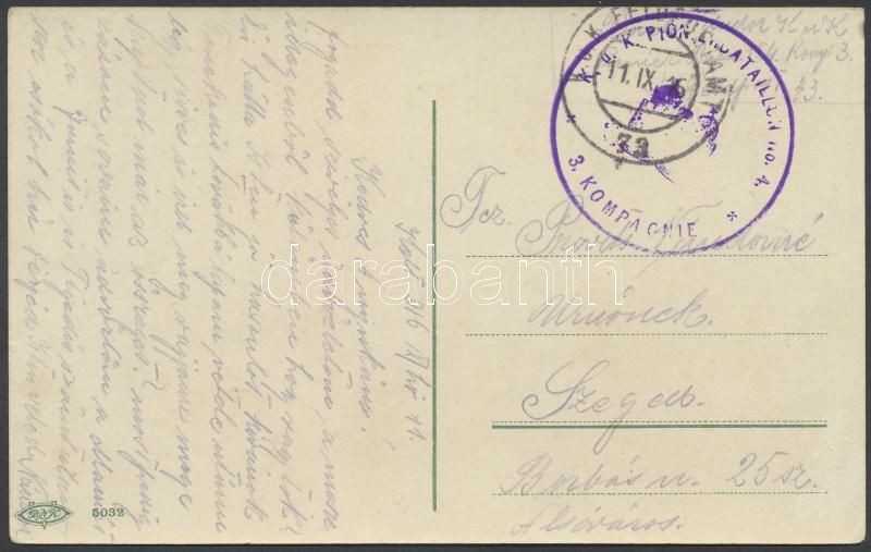Tábori posta képeslap &quot;K.u.k. PIONIERBATAILLON No.4. / 3. KOMPAGNIE&quot; + &quot;FP 73&quot;, Austria-Hungary Field postcard