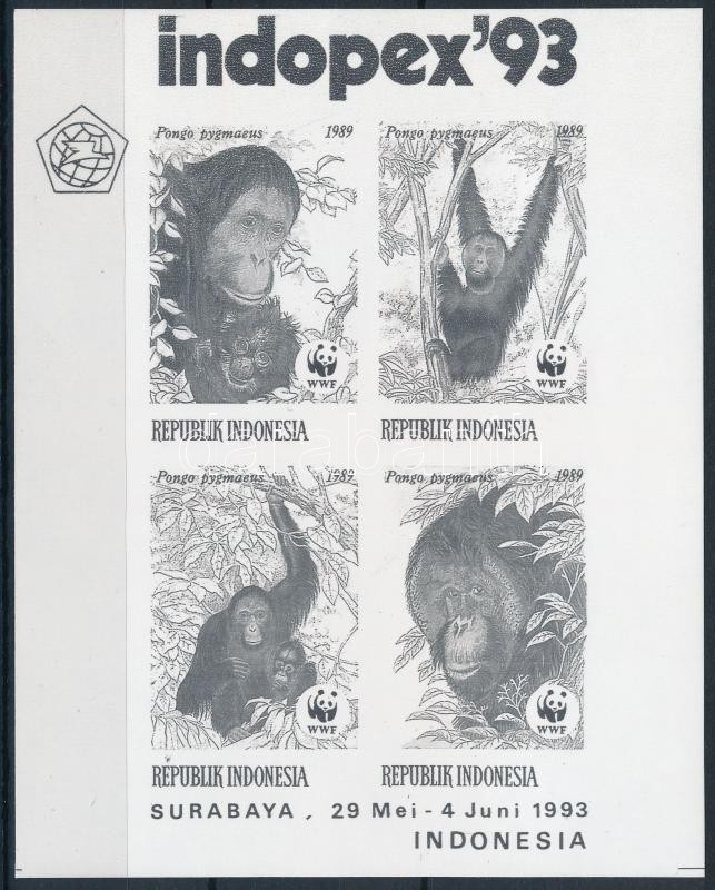 WWF Orangutan stamp exhibition block with blackprint, WWF: Orangután bélyegkiállítási blokk feketenyomat