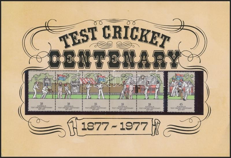 Cricket set stripe of 5 on memorial sheet, Krikett sor ötöscsíkkal emléklapon