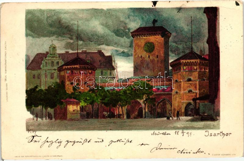 1898 München, Isarthor, Velten's Künstlerpostkarte No. 85. litho s: Kley