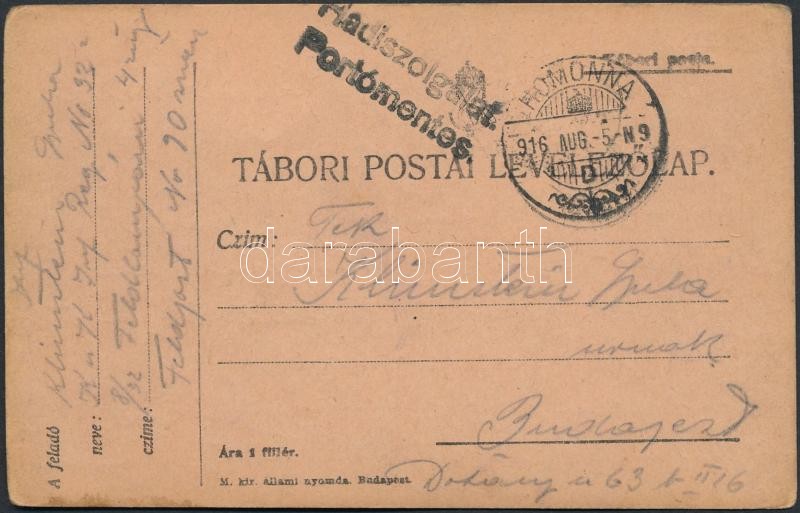 Austria-Hungary Field postcard, Tábori lap &quot;HOMONNA&quot; polgári postán feladva &quot;Hadiszolgálat.&quot; &quot;Portómentes.&quot; bélyegzésekkel