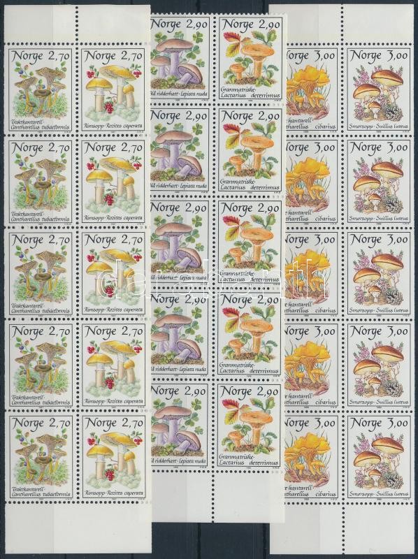 1987-1989 Gombák bélyegfüzetből kitépett 3 db sor tízestömbökben (2 db falcos), 1987-1989 Mushrooms 3 sets in blocks of 10 (2 hinged)