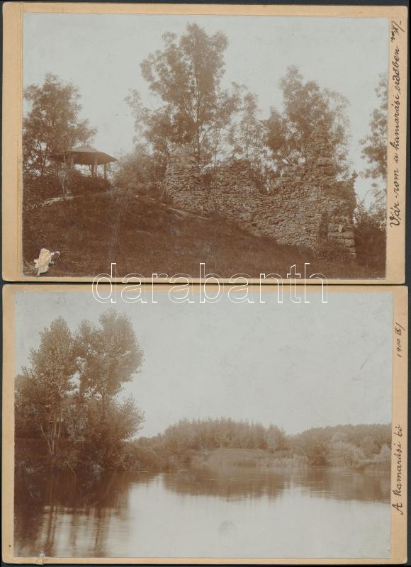 1900 Várrom a kamarási erdőben és a kamarási tó, 2 db vintage fotó feliratozva, egyiken sérülés, 11x16 cm