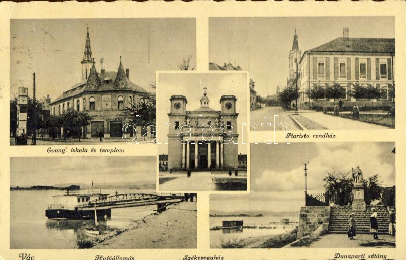 Vác, Evangélikus iskola és templom, Piarista rendház, hajóállomás, sétány, székesegyház
