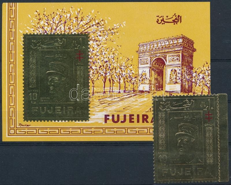 General de Gaulle margin imperf gold foile stamp + block, General de Gaulle ívszéli vágott aranyfóliás bélyeg + blokk