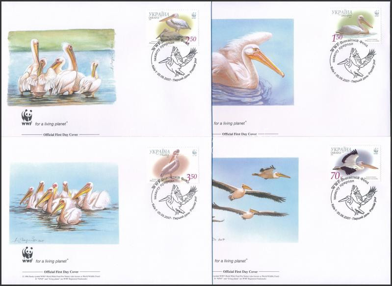 WWF: Great White Pelican block of 4 on 4 FDC, WWF: Rózsás gödény négyestömb 4 db FDC-n