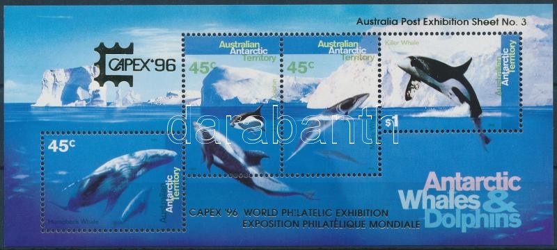 Bálnák blokk Bélyegkiállítás felülnyomott 2. változata, Stamp Exhibition Whales overprinted block