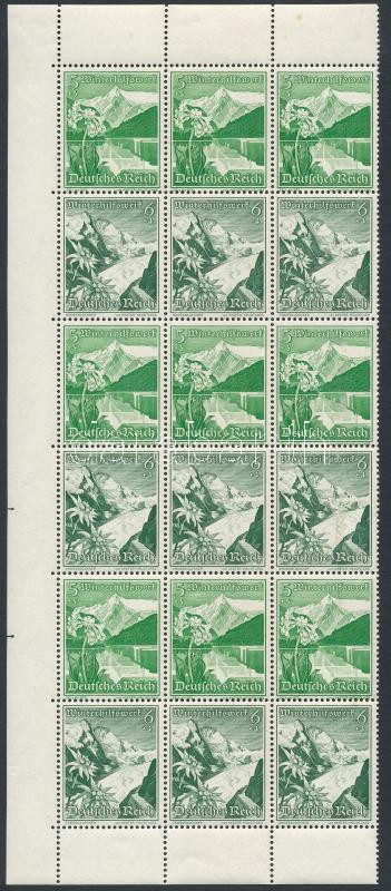 Téli segély 3-3 hármascsíkot tartalmazó bélyegfüzetlap ívdarab, Winter aid 3 stripe of 3 in stampbooklet sheet