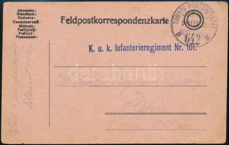 Tábori posta levelezőlap &quot;K.u.k. Infanterieregiment No.101&quot; + &quot;TP 642 B&quot;, Austria-Hungary Field postcard &quot;K.u.k. Infanterieregiment No.101&quot; + &quot;TP 642 B&quot;