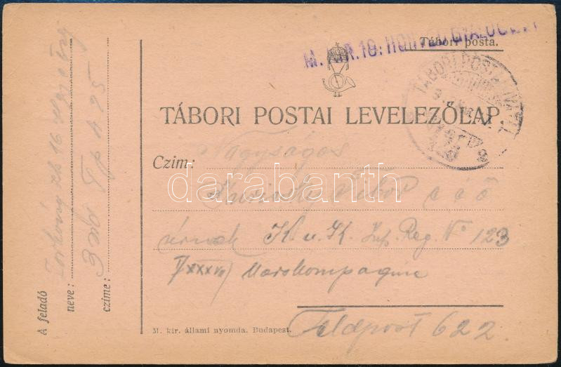 Austria-Hungary Field postcard &quot;M. KIR.16. HONVÉD GYALOG&quot; + &quot;TP 425&quot;, Tábori posta levelezőlap &quot;M. KIR.16. HONVÉD GYALOG&quot; + &quot;TP 425&quot;