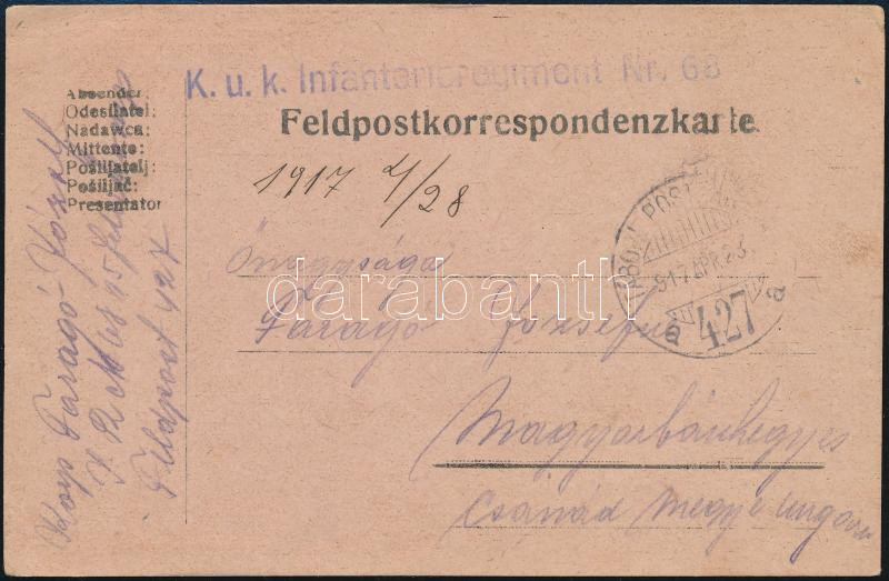 Austria-Hungary Field postcard &quot;K.u.k. Infanterieregiment Nr.68&quot; + &quot;TP 427 a&quot;, Tábori posta levelezőlap &quot;K.u.k. Infanterieregiment Nr.68&quot; + &quot;TP 427 a&quot;