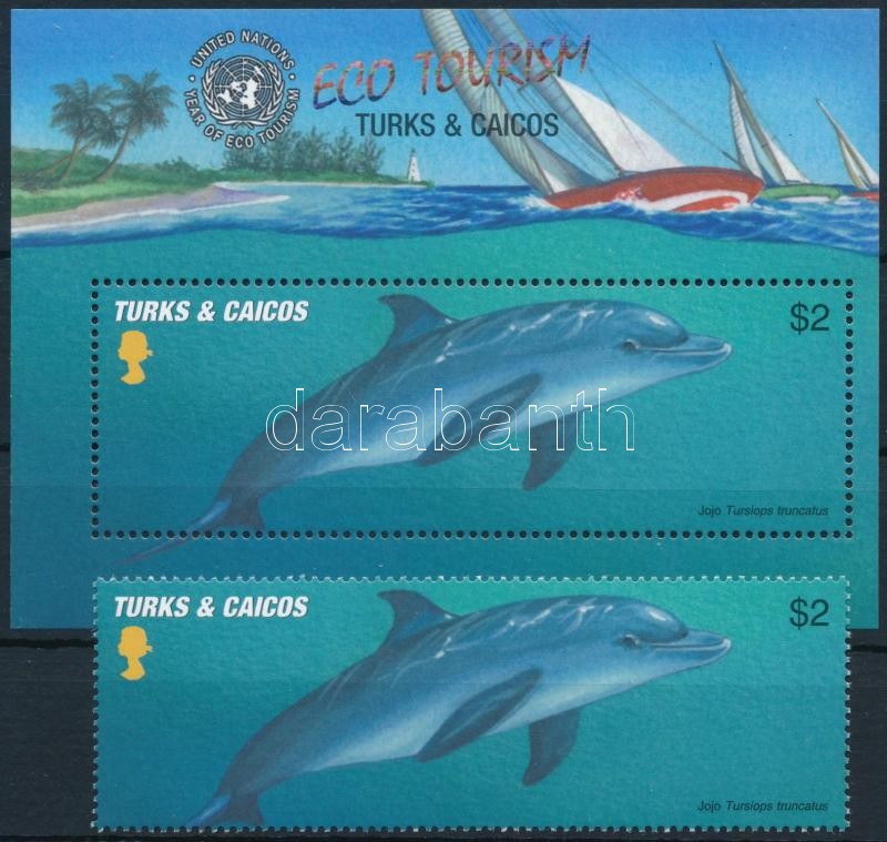 Dolphin; ecotourism stamp from block + block, Delfin; Ökoturizmus blokkból kitépett bélyeg + blokk
